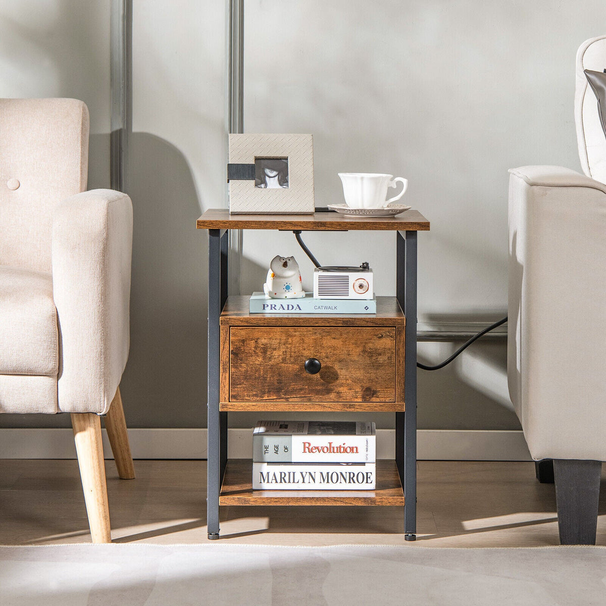 1/2 Pieces 3-Tier Nightstand with Charging Station and Drawer