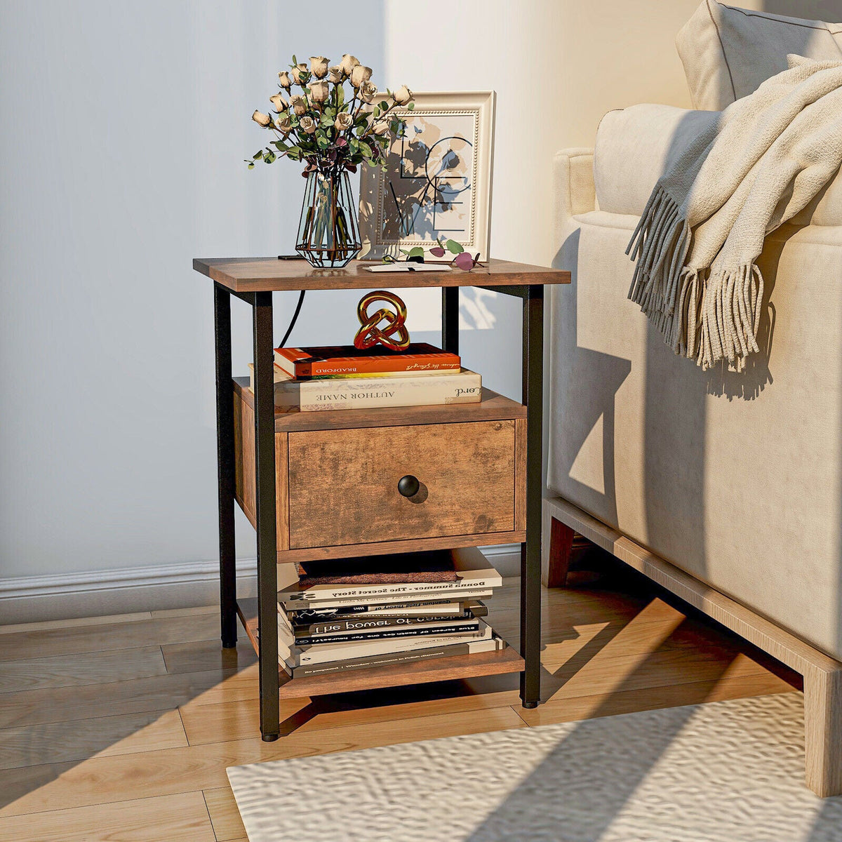 1/2 Pieces 3-Tier Nightstand with Charging Station and Drawer