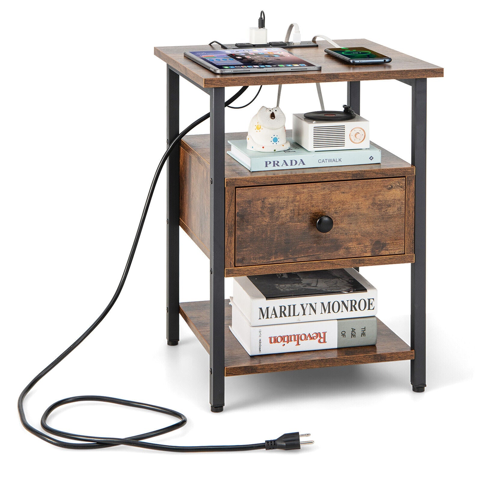 1/2 Pieces 3-Tier Nightstand with Charging Station and Drawer