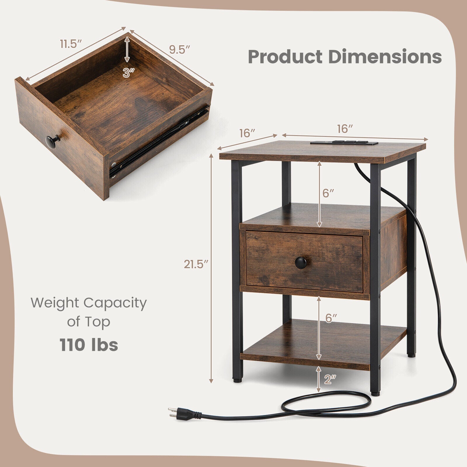 1/2 Pieces 3-Tier Nightstand with Charging Station and Drawer