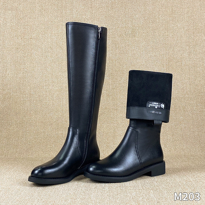 Genuine Leather Biker Boots Tall Boots For Petite Women Lined With Fleece