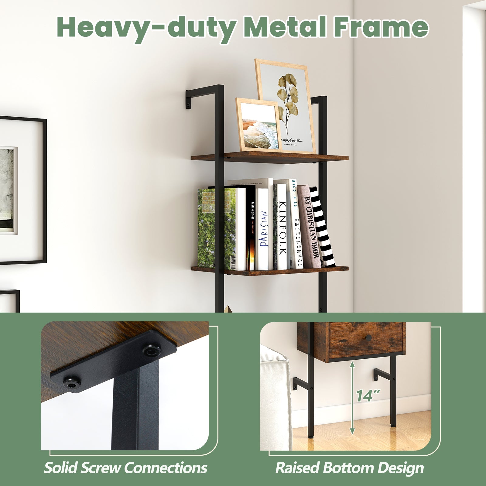 5-Tier Ladder Bookcase with Drawer and Metal Frame for Study Home Office-Rustic Brown