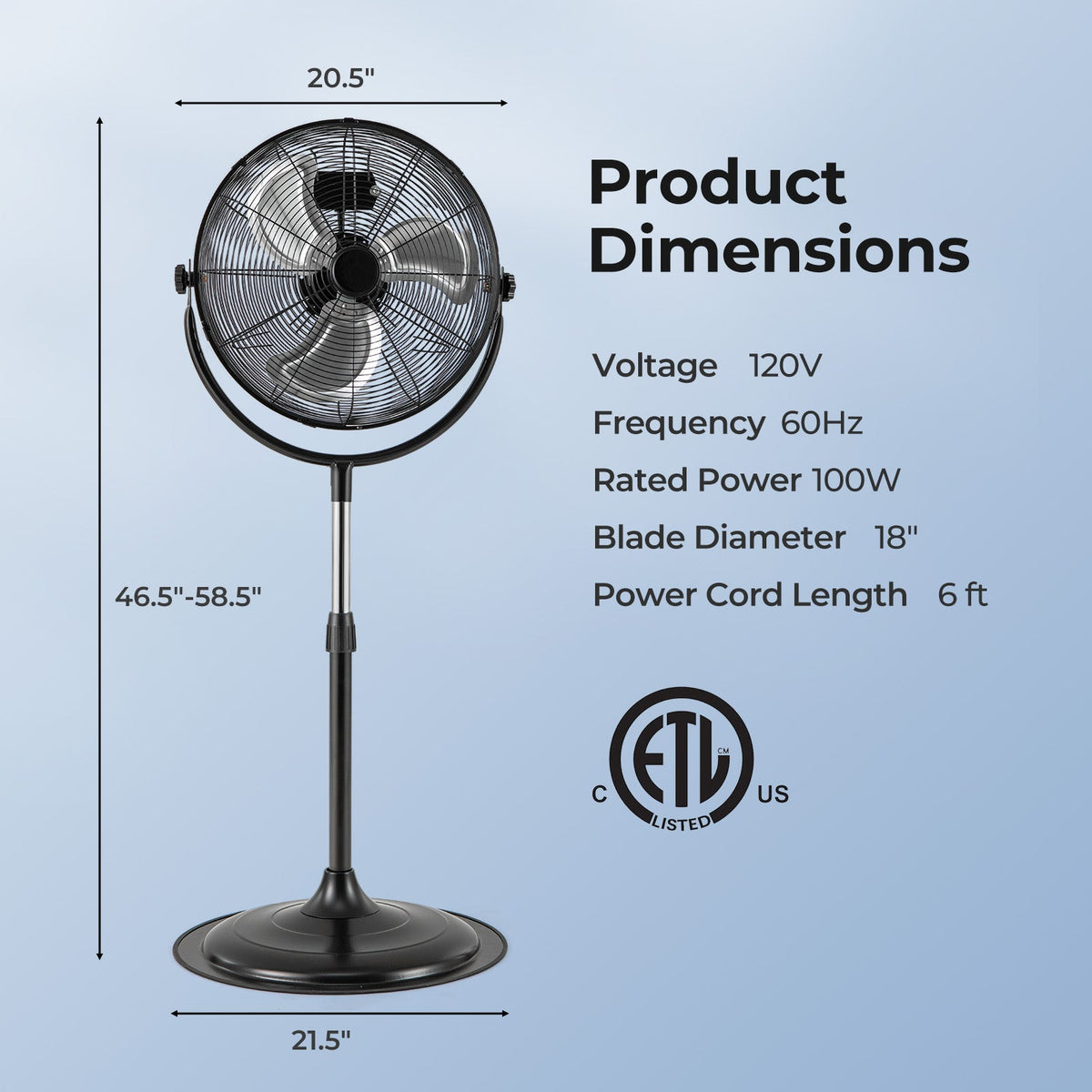 18 Inches High Velocity Pedestal Fan with 3 Speeds and Adjustable Height-Black