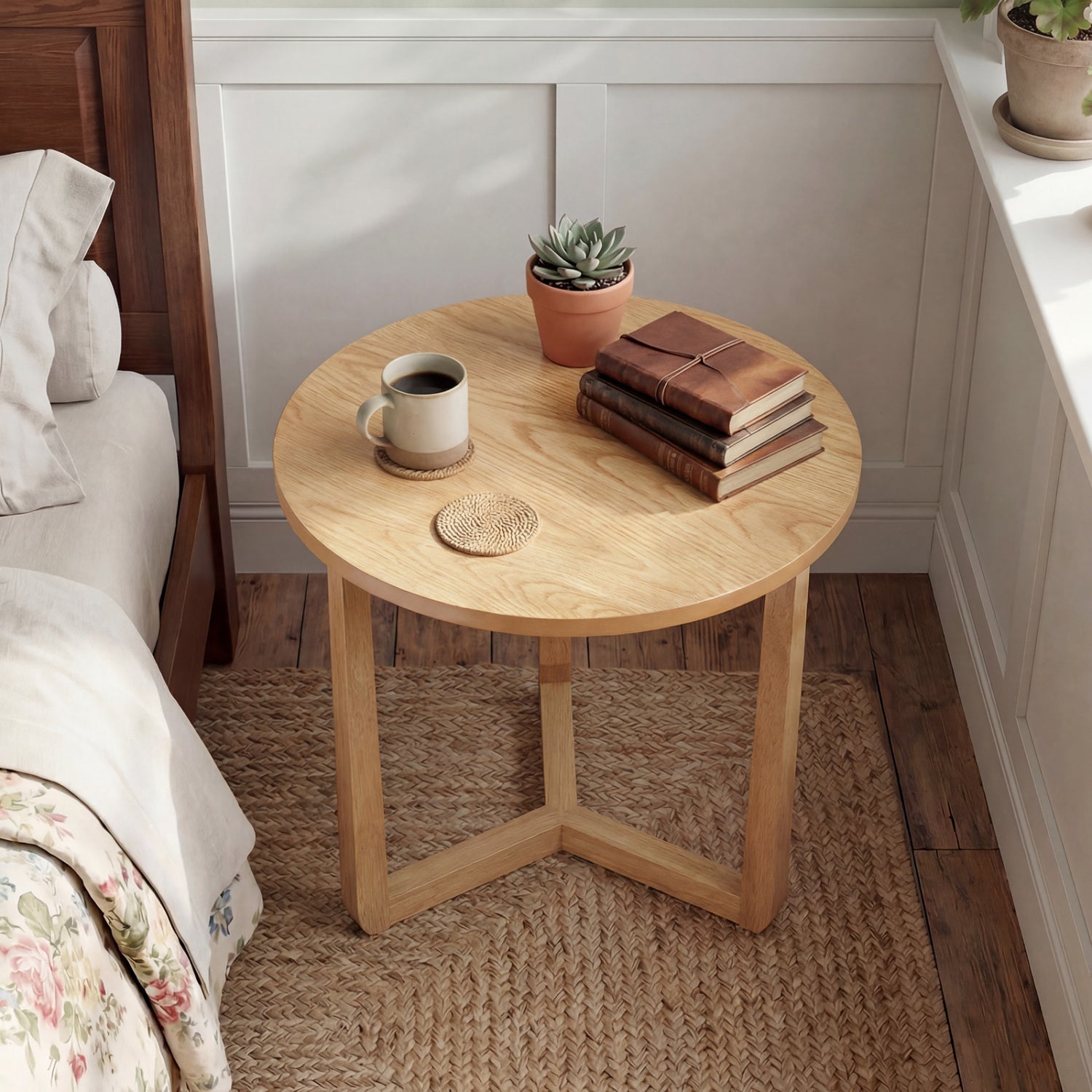 22.5 inch Round Side Table Farmhouse End Table with Sturdy Rubber Wood Legs and Triangular Structure