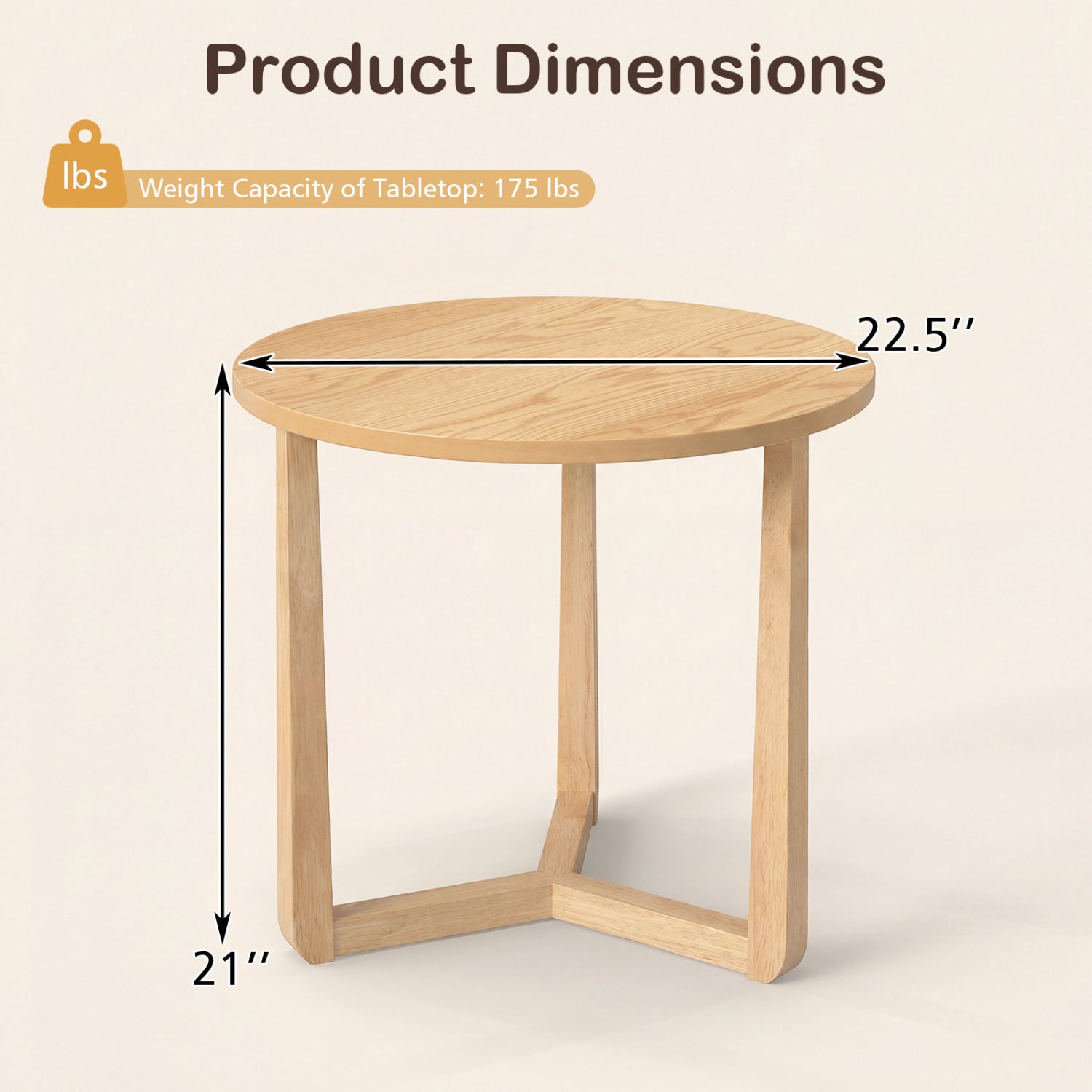 22.5 inch Round Side Table Farmhouse End Table with Sturdy Rubber Wood Legs and Triangular Structure