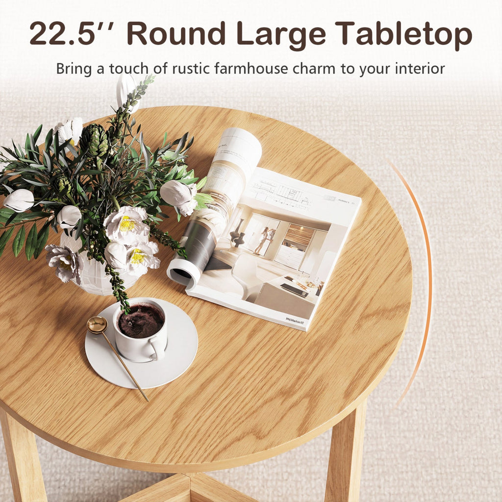 22.5 inch Round Side Table Farmhouse End Table with Sturdy Rubber Wood Legs and Triangular Structure