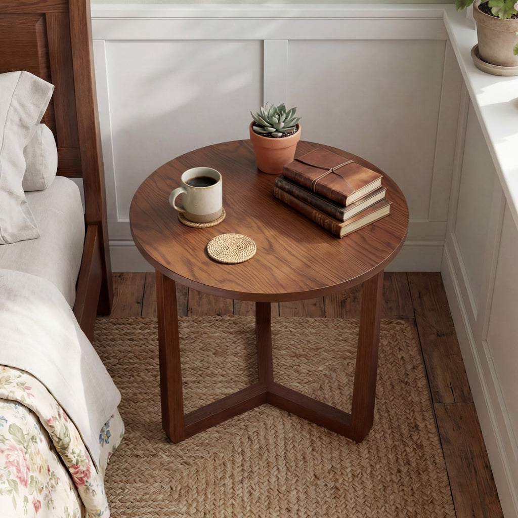 22.5 inch Round Side Table Farmhouse End Table with Sturdy Rubber Wood Legs and Triangular Structure
