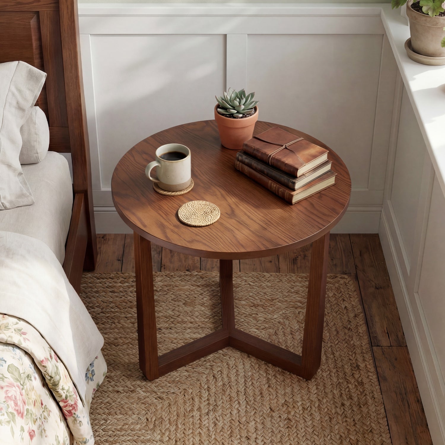 22.5 inch Round Side Table Farmhouse End Table with Sturdy Rubber Wood Legs and Triangular Structure