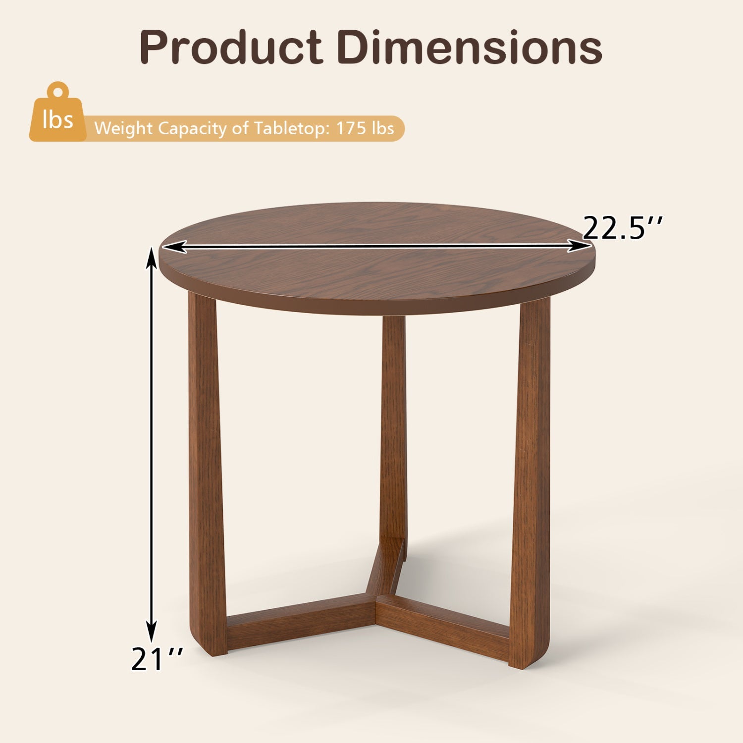 22.5 inch Round Side Table Farmhouse End Table with Sturdy Rubber Wood Legs and Triangular Structure