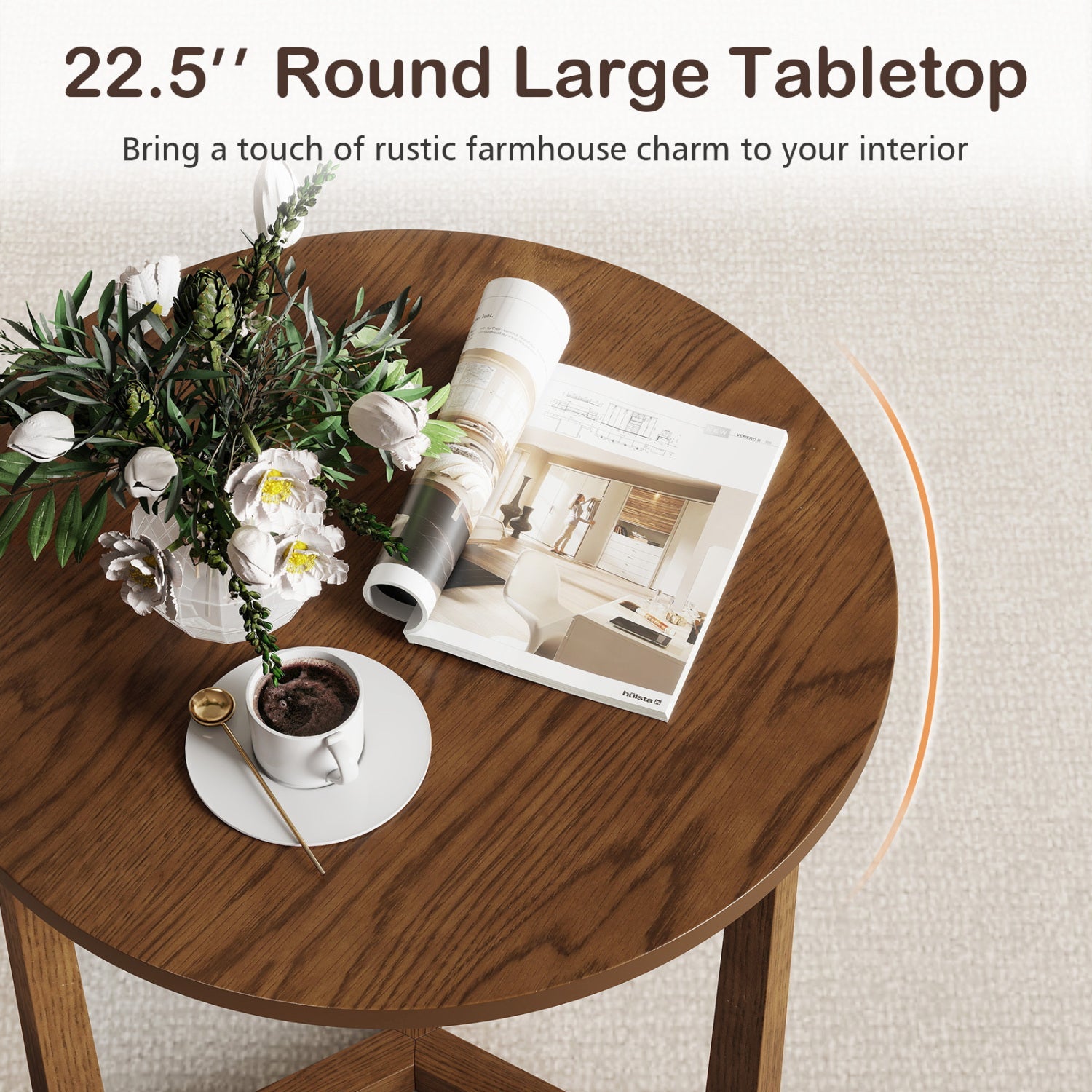 22.5 inch Round Side Table Farmhouse End Table with Sturdy Rubber Wood Legs and Triangular Structure