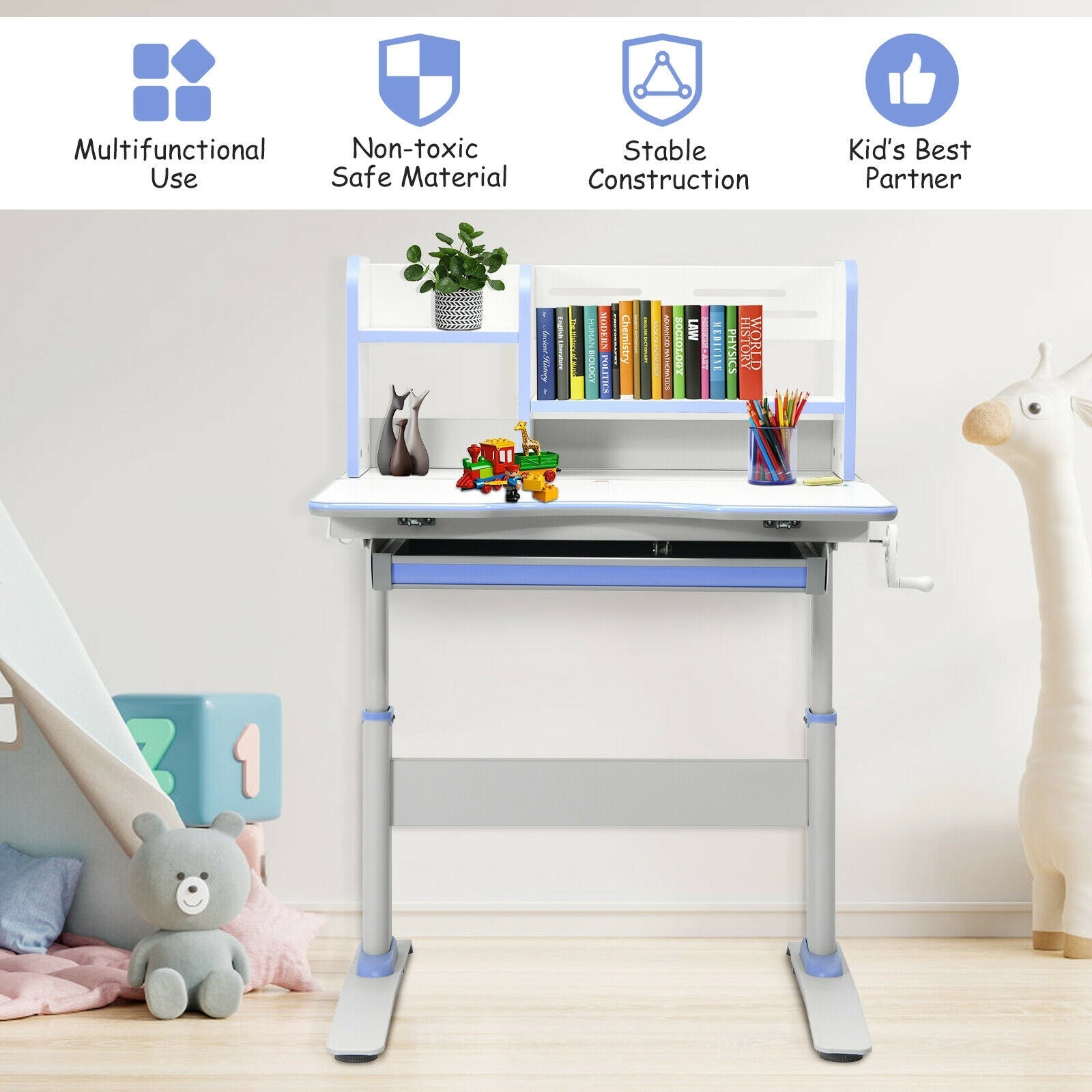 Kids Multifunctional Writing Desk with Tilt Desktop and Book Shelf