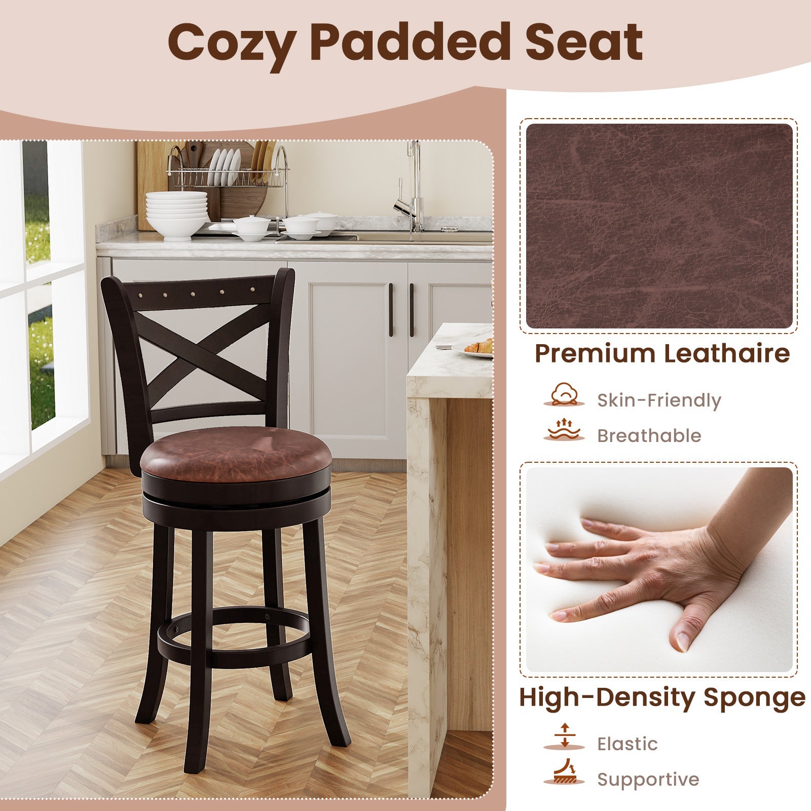 26/30 Inch Swivel Bar Stools Set of 2 Bar Chairs with Padded Seat