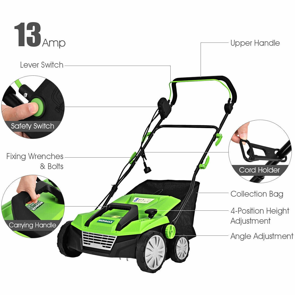 15 Inch 13 Amp Electric Scarifier with Collection Bag and Removable Blades