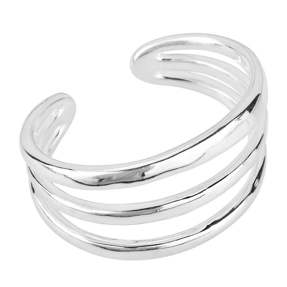 Triple Layer Spiral Open Cuff Bracelet, Polished Silver Minimal Sculptural Bangle, Quiet Luxury European Spanish Women Jewelry
