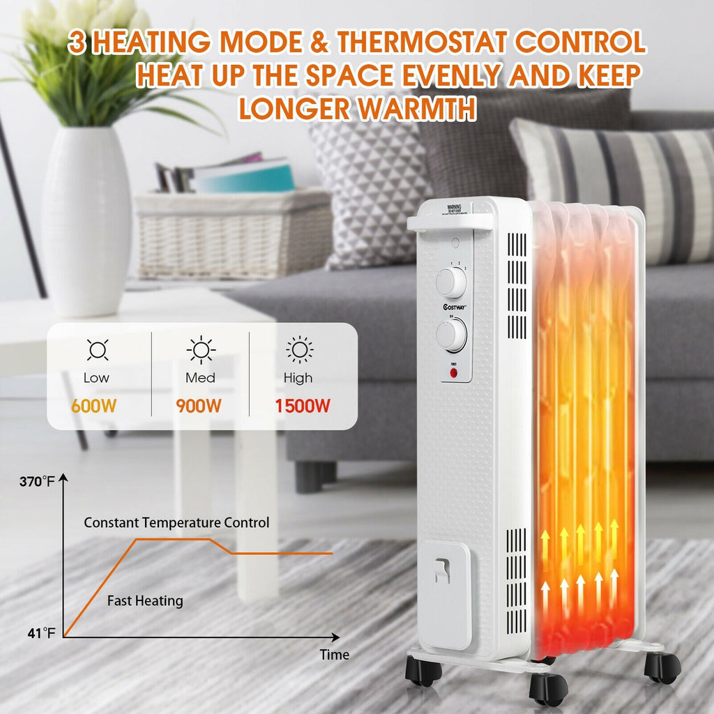 1500 W Oil-Filled Heater Portable Radiator Space Heater with Adjustable Thermostat