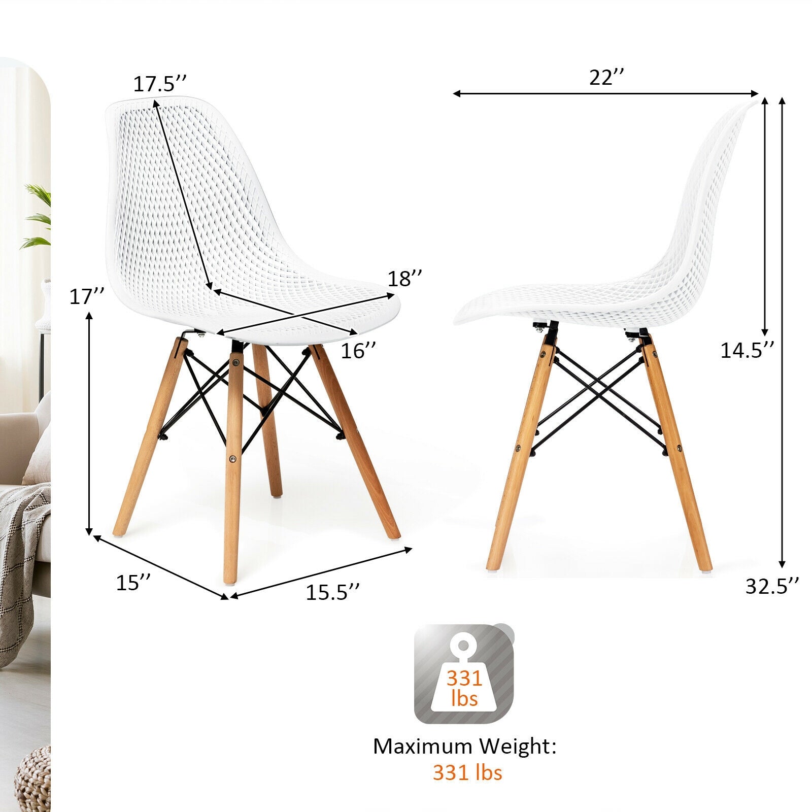 4 Pieces Modern Plastic Hollow Chair Set with Wood Leg