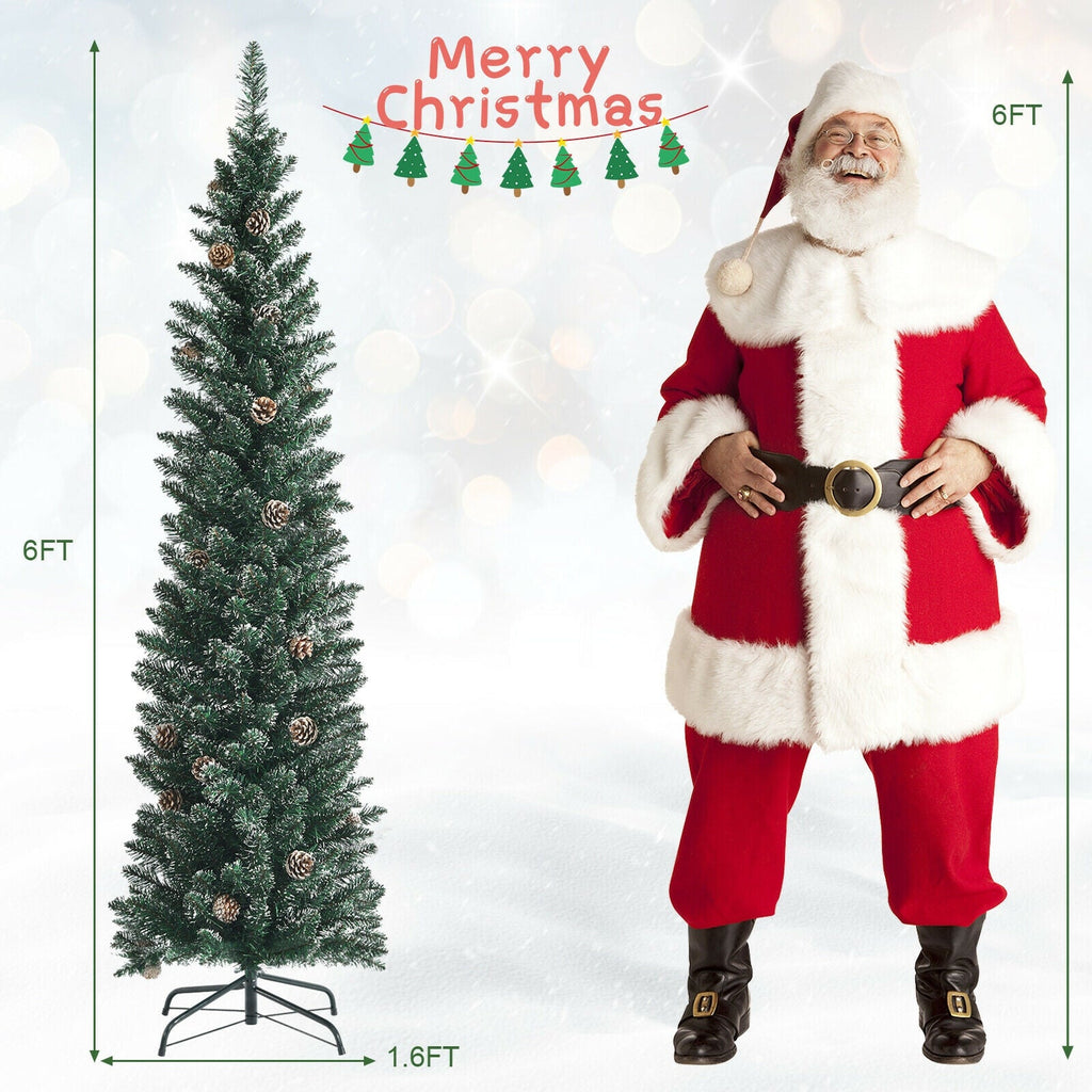 Snowy Artificial Pencil Christmas Tree with Pine Cones