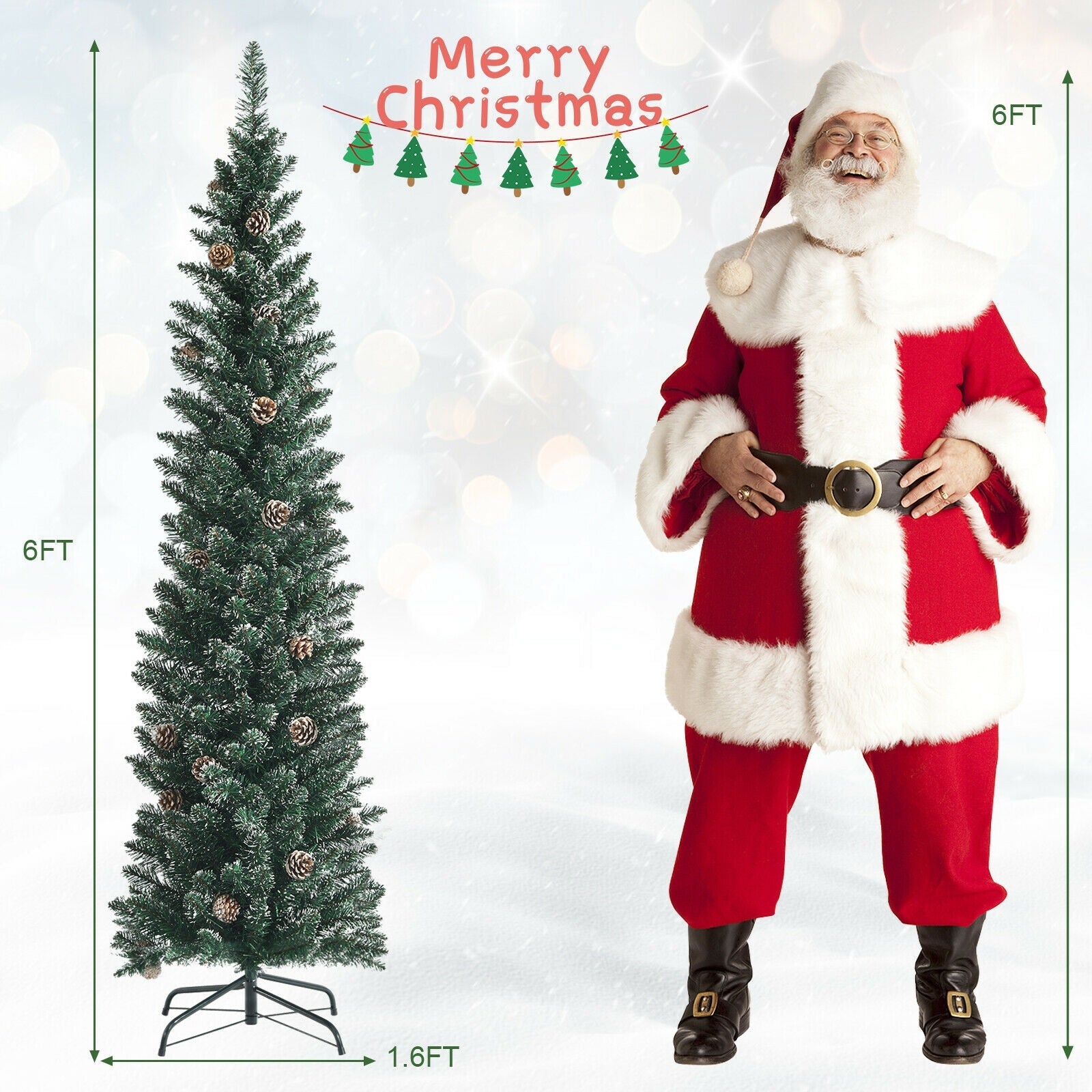 Snowy Artificial Pencil Christmas Tree with Pine Cones