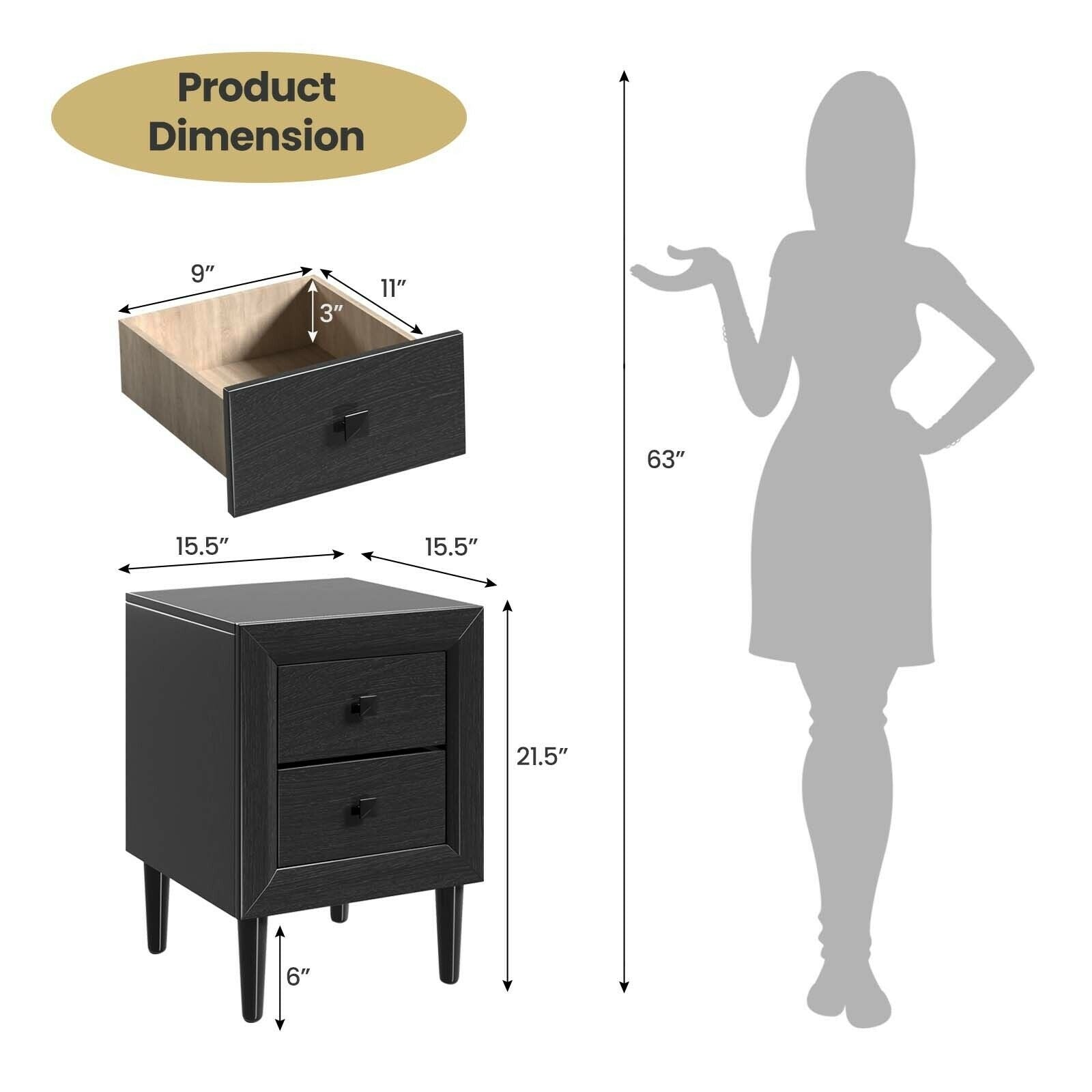 2PCS Nightstand W/2 Drawer Multipurpose