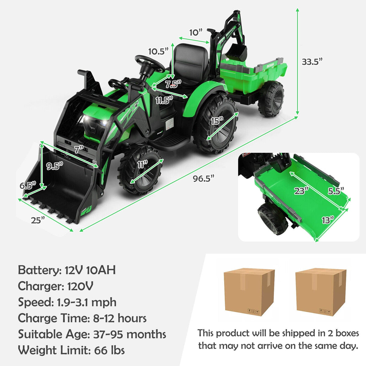 12V 3 in 1 Kids Ride On Excavator with Shovel Bucket and Music