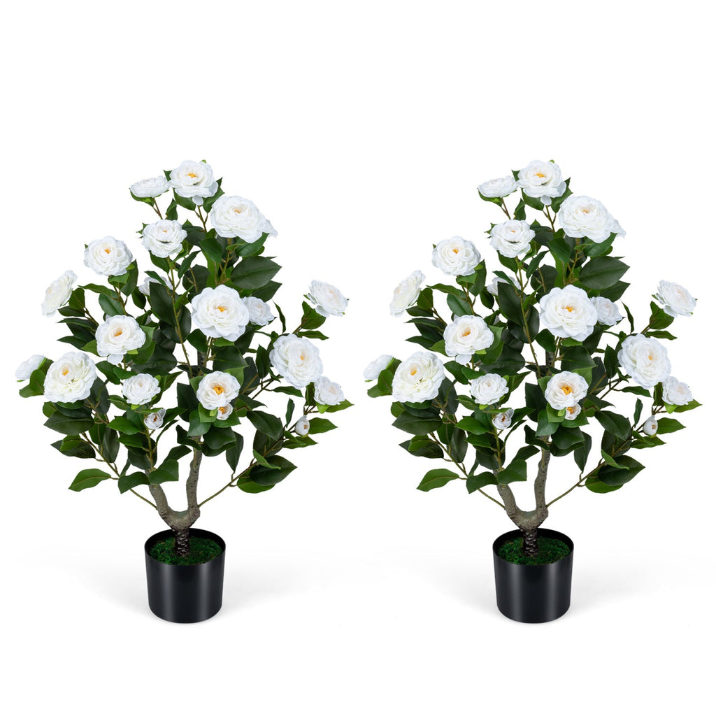 2-Pack Artificial Camellia Tree Faux Flower Plant in Cement-Filled Pot