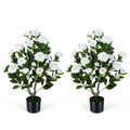2-Pack Artificial Camellia Tree Faux Flower Plant in Cement-Filled Pot