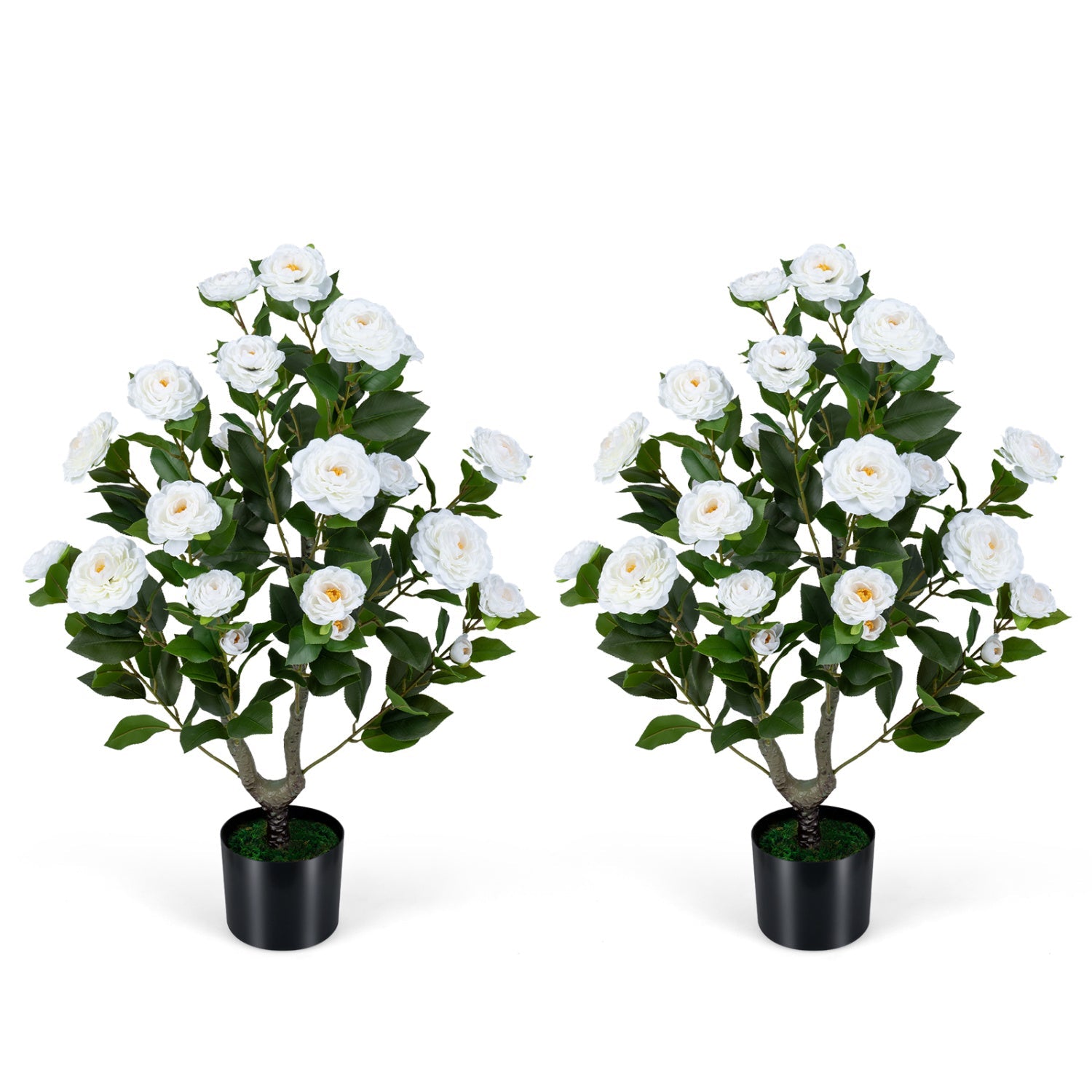 2-Pack Artificial Camellia Tree Faux Flower Plant in Cement-Filled Pot