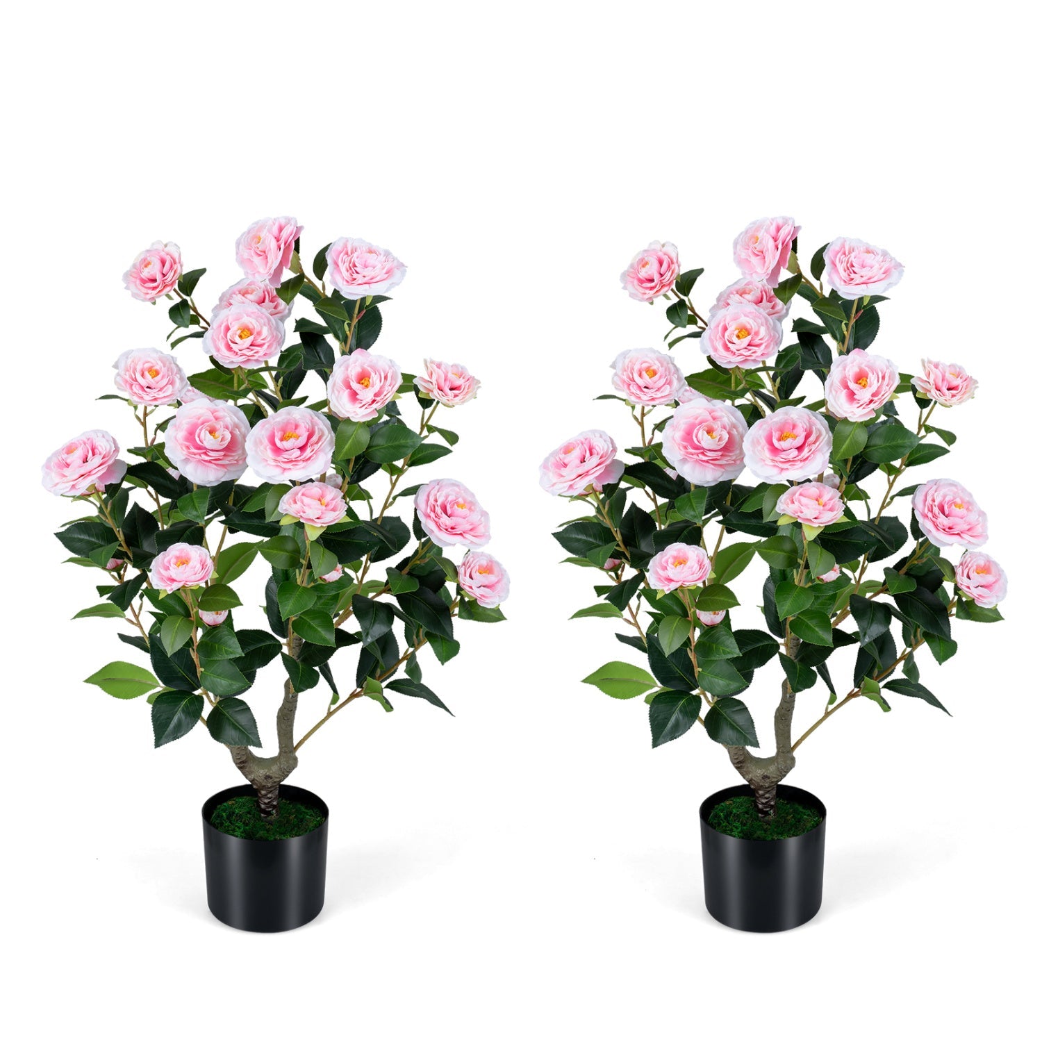 2-Pack Artificial Camellia Tree Faux Flower Plant in Cement-Filled Pot