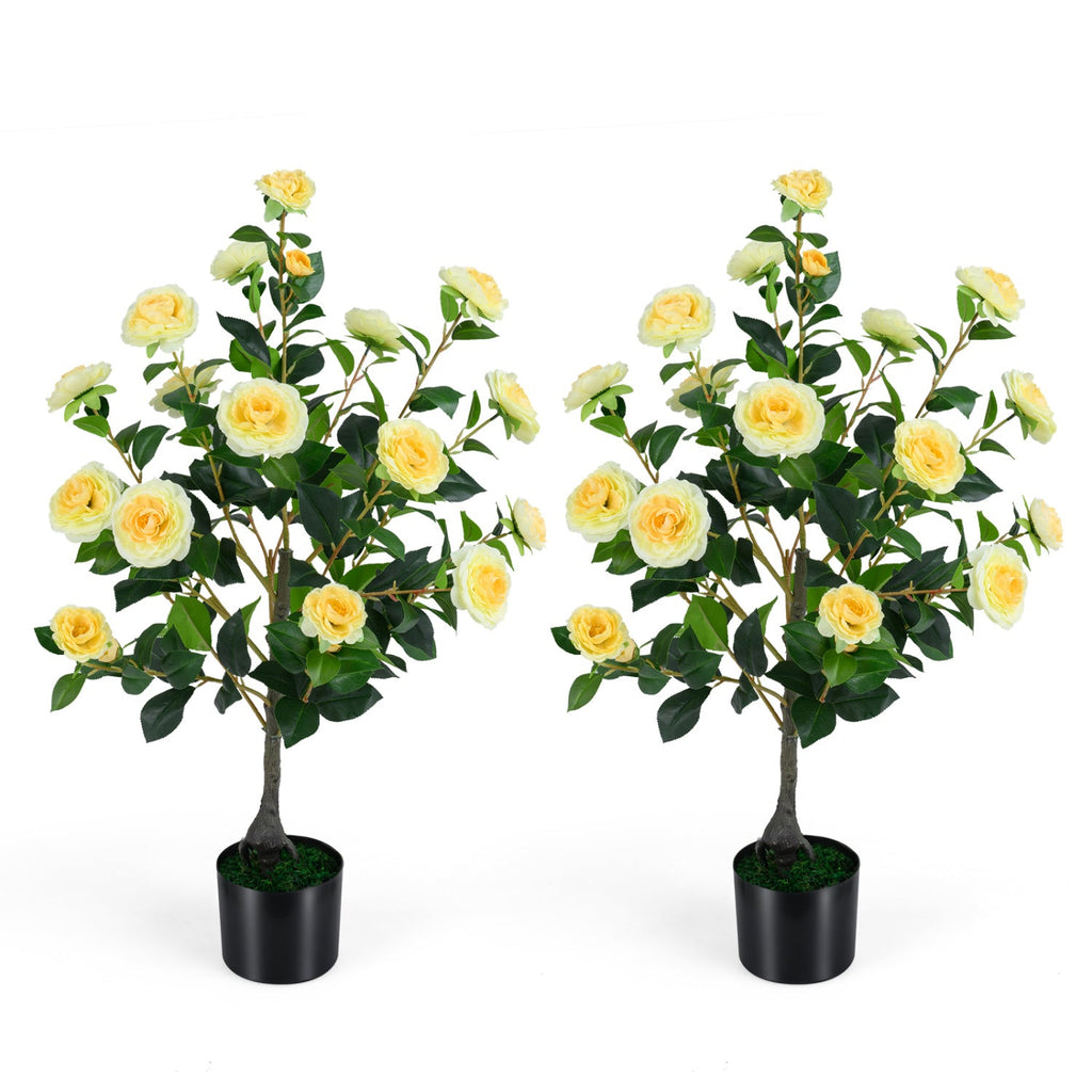 2-Pack Artificial Camellia Tree Faux Flower Plant in Cement-Filled Pot