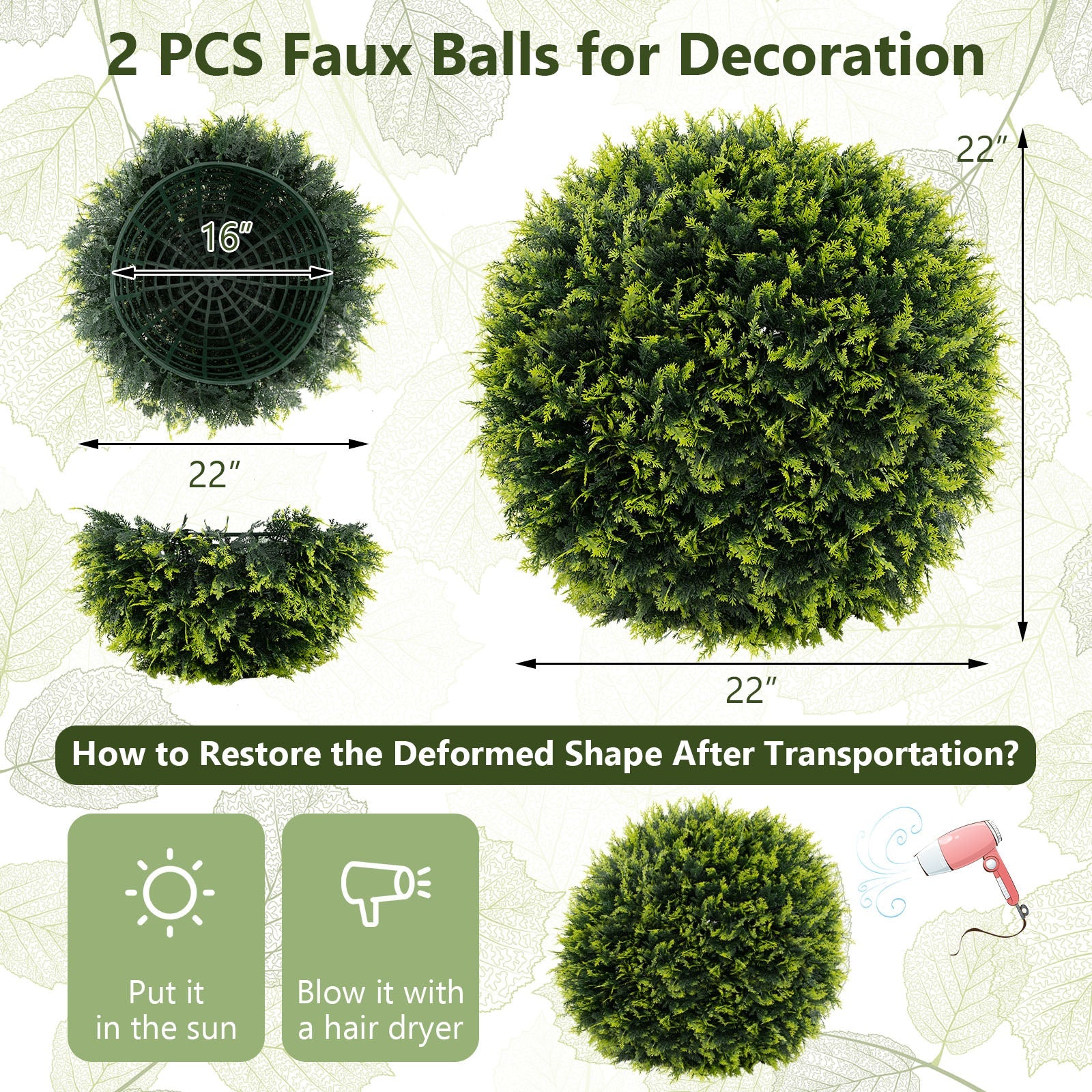 2 Pieces 18/22 Inches Indoor Outdoor Faux Decorative Balls for Patio Garden Front Door Balcony and Backyard