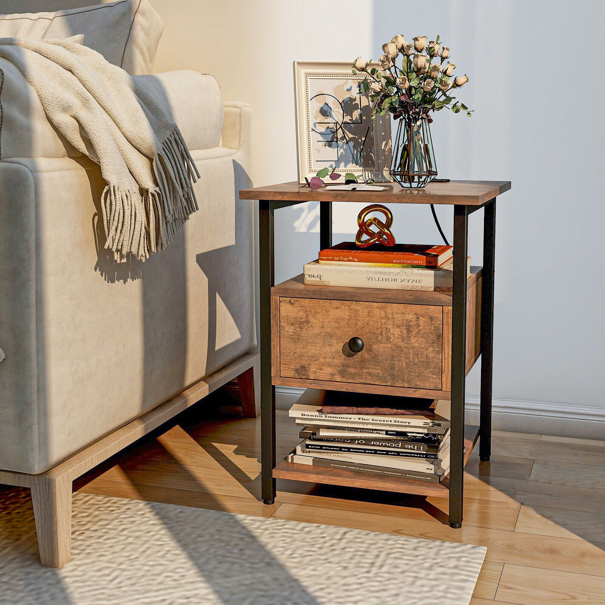 1/2 Pieces 3-Tier Nightstand with Charging Station and Drawer