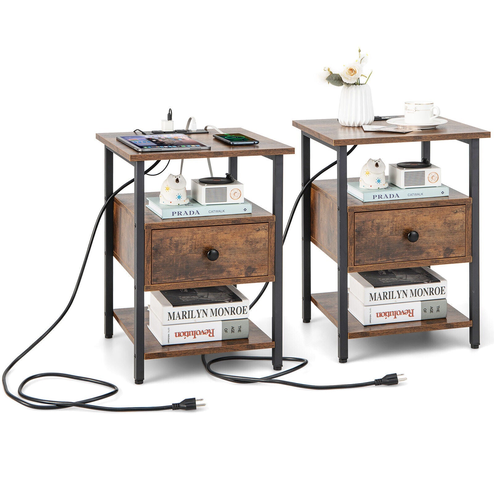 1/2 Pieces 3-Tier Nightstand with Charging Station and Drawer