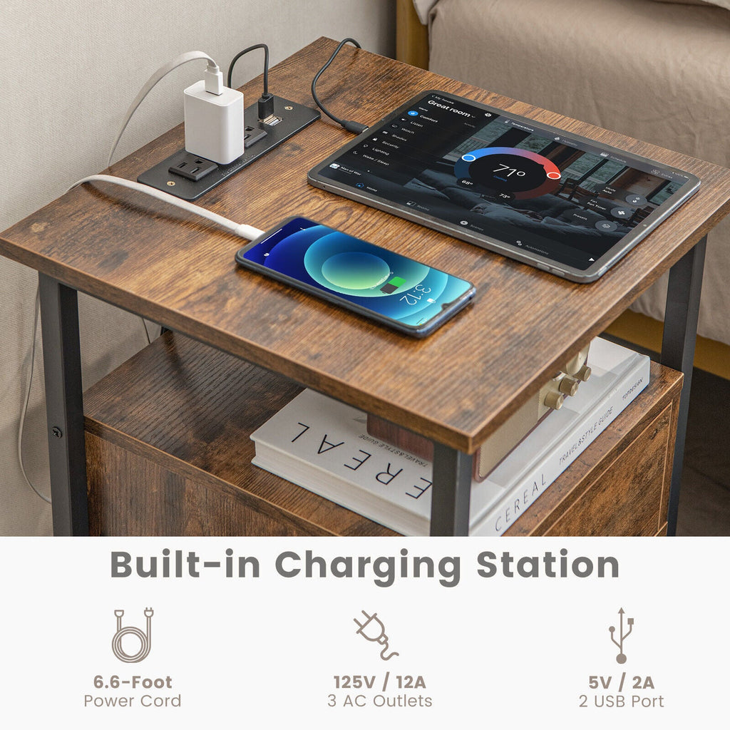 1/2 Pieces 3-Tier Nightstand with Charging Station and Drawer
