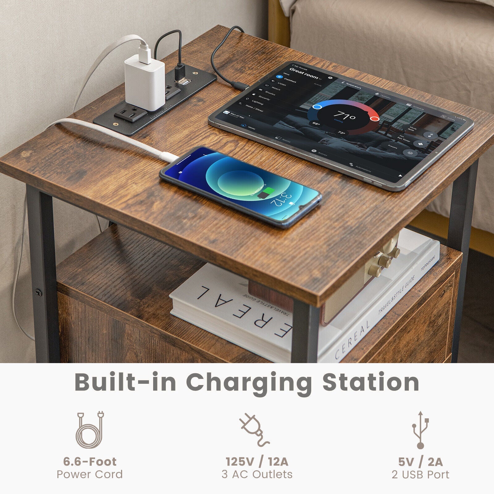 1/2 Pieces 3-Tier Nightstand with Charging Station and Drawer