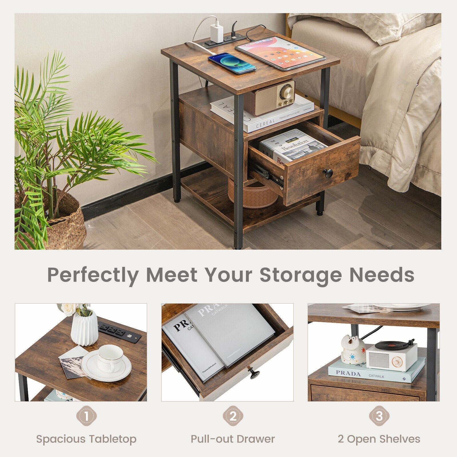 1/2 Pieces 3-Tier Nightstand with Charging Station and Drawer