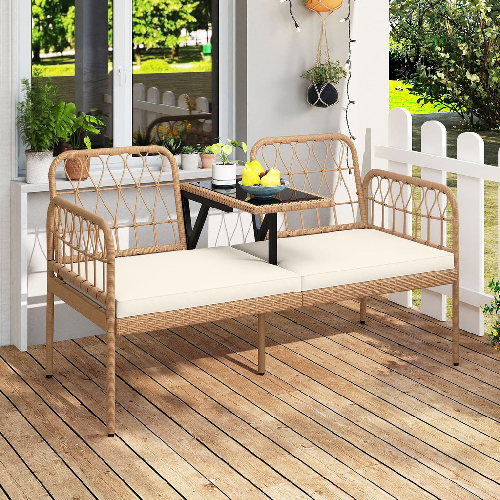 2-Seat PE Rattan Outdoor Loveseat with Built-in Coffee Table and Soft Cushions-White