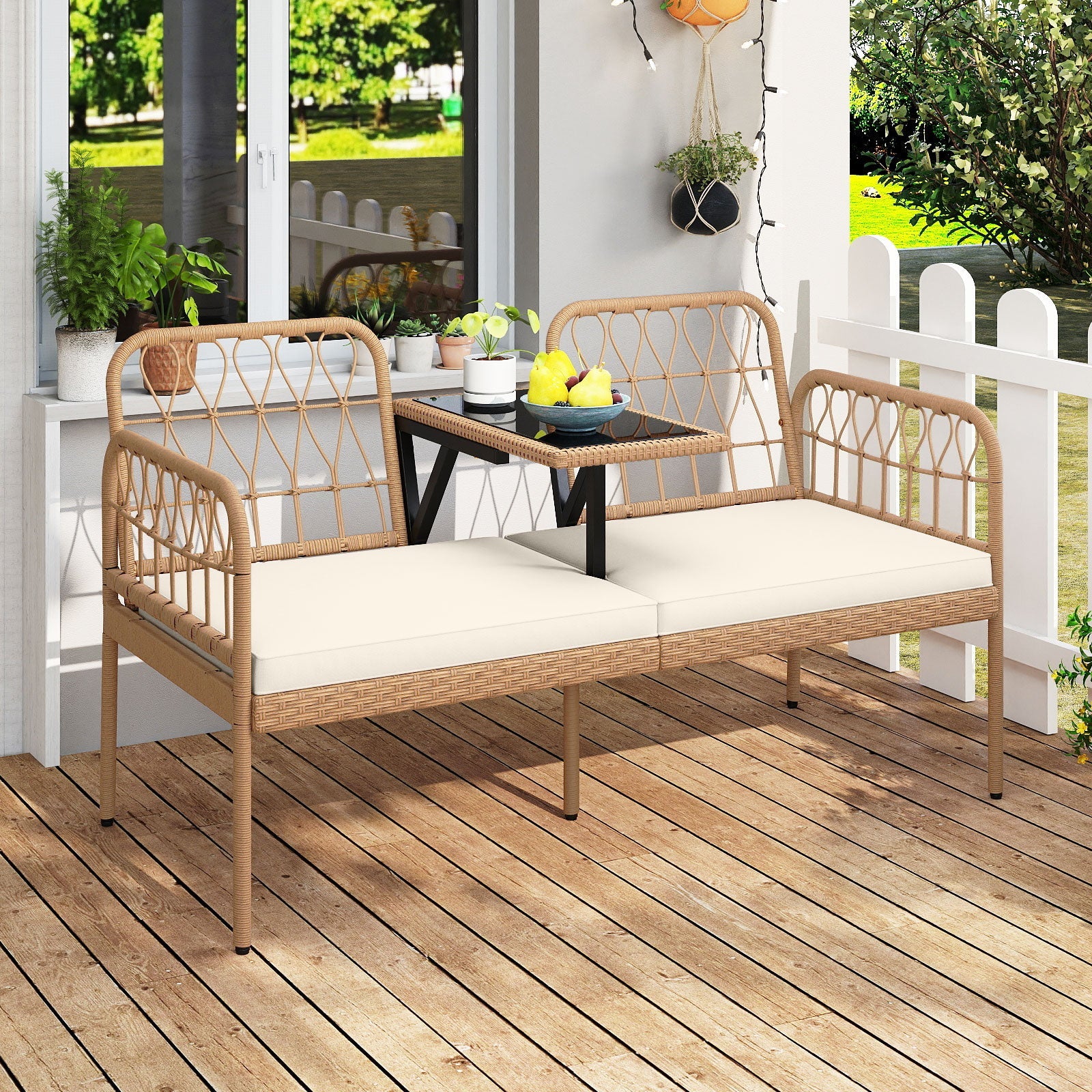 2-Seat PE Rattan Outdoor Loveseat with Built-in Coffee Table and Soft Cushions-White
