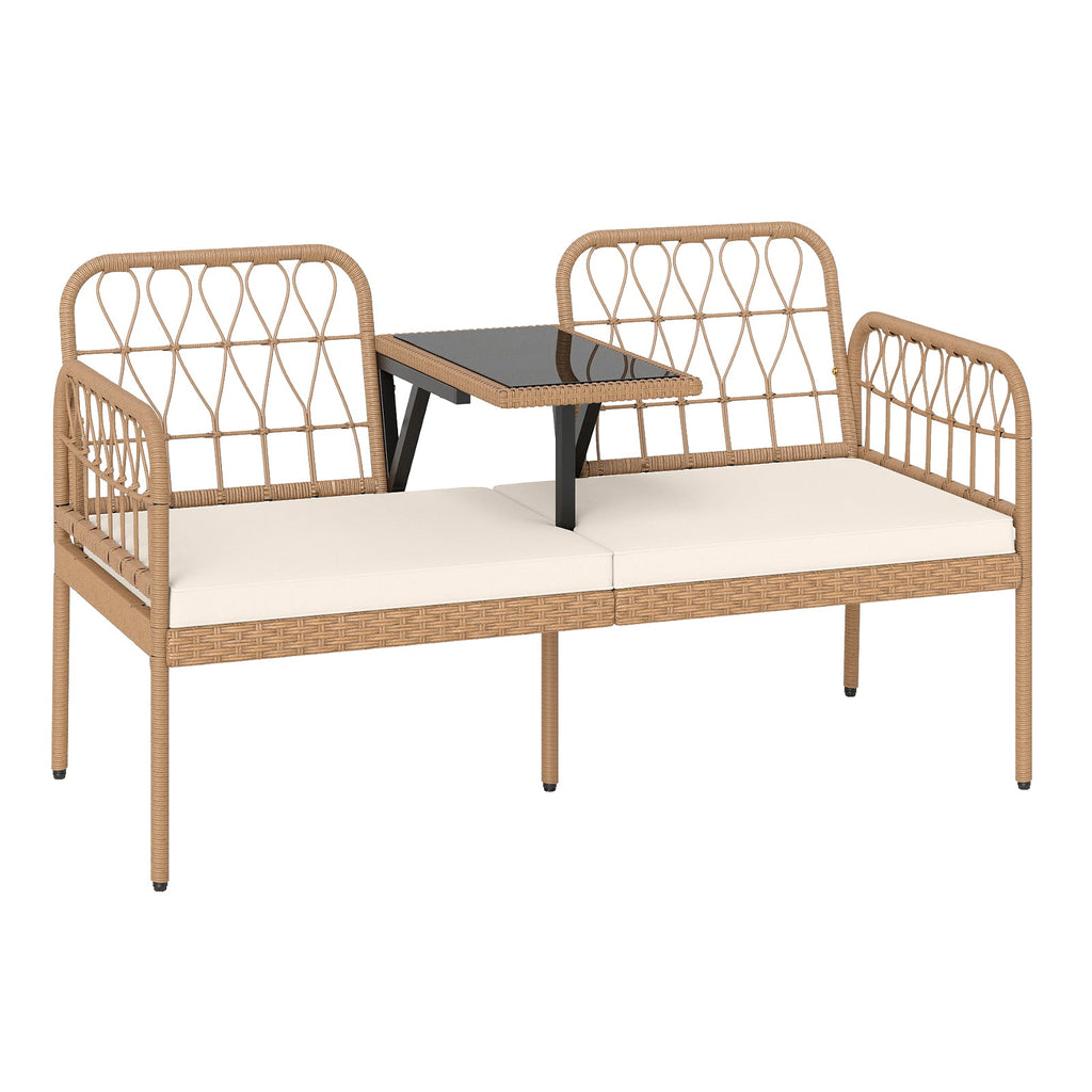 2-Seat PE Rattan Outdoor Loveseat with Built-in Coffee Table and Soft Cushions-White