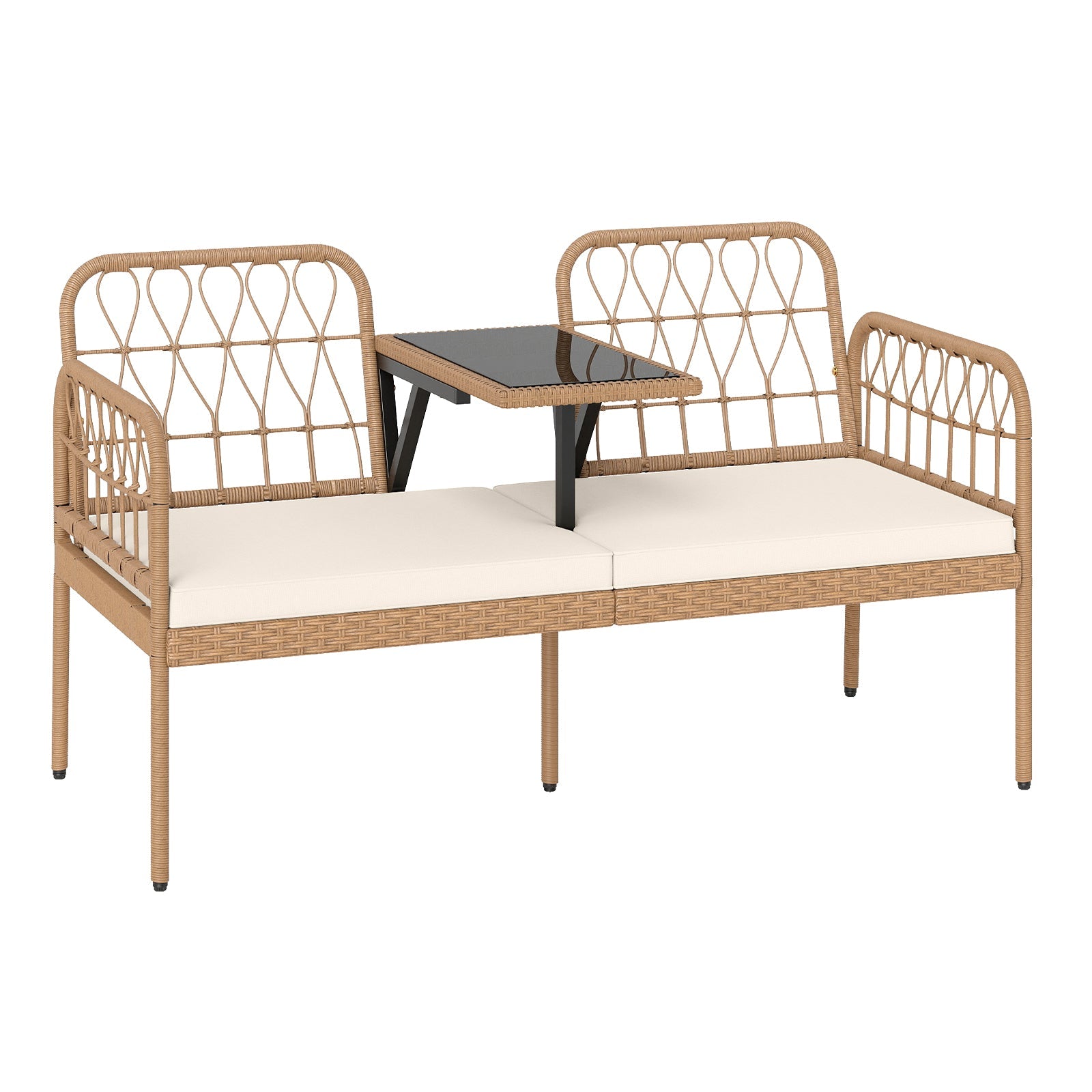 2-Seat PE Rattan Outdoor Loveseat with Built-in Coffee Table and Soft Cushions-White