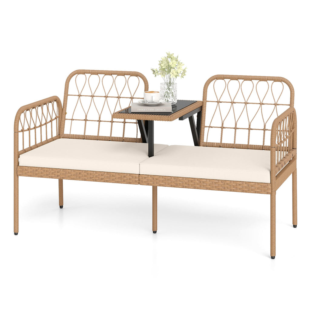 2-Seat PE Rattan Outdoor Loveseat with Built-in Coffee Table and Soft Cushions-White