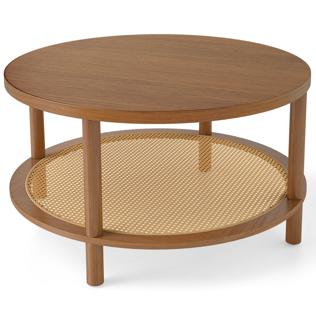 Round Rattan Coffee Table with Storage Shelf