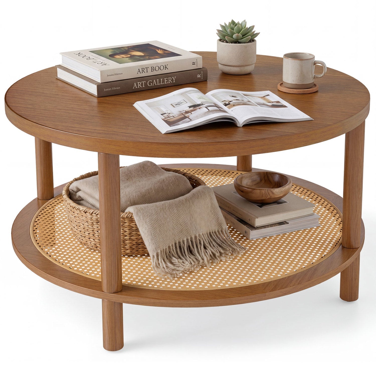 Round Rattan Coffee Table with Storage Shelf