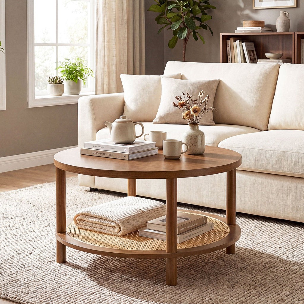 Round Rattan Coffee Table with Storage Shelf