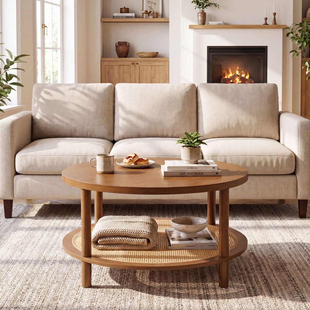 Round Rattan Coffee Table with Storage Shelf