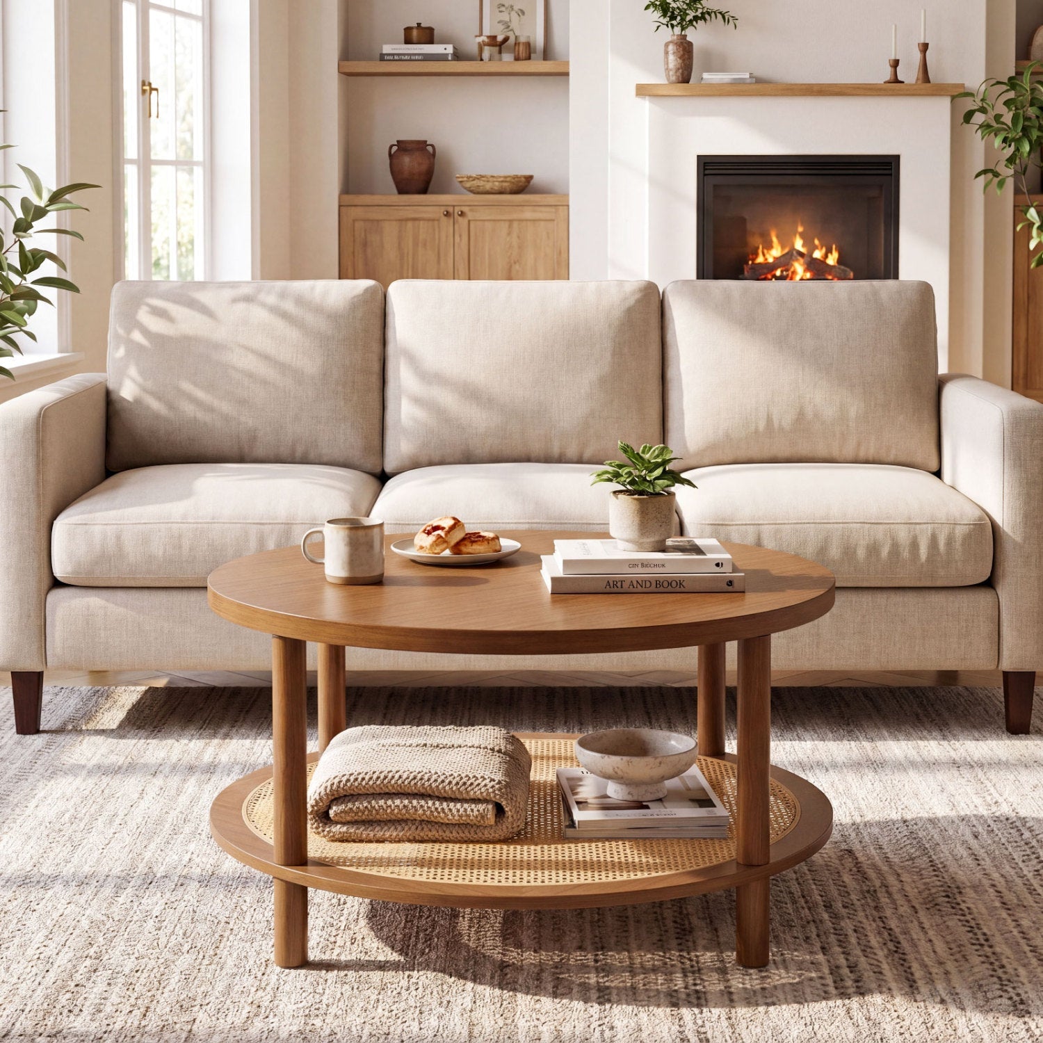 Round Rattan Coffee Table with Storage Shelf