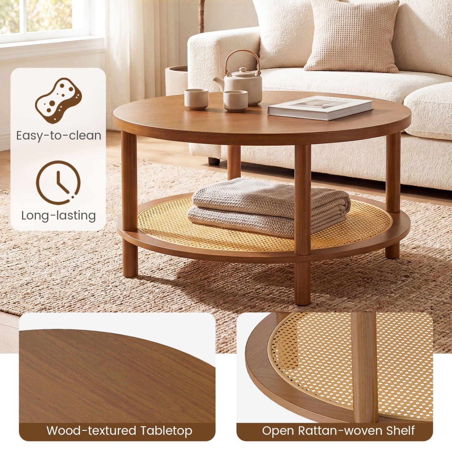Round Rattan Coffee Table with Storage Shelf
