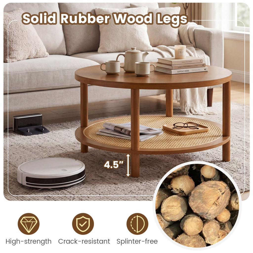 Round Rattan Coffee Table with Storage Shelf