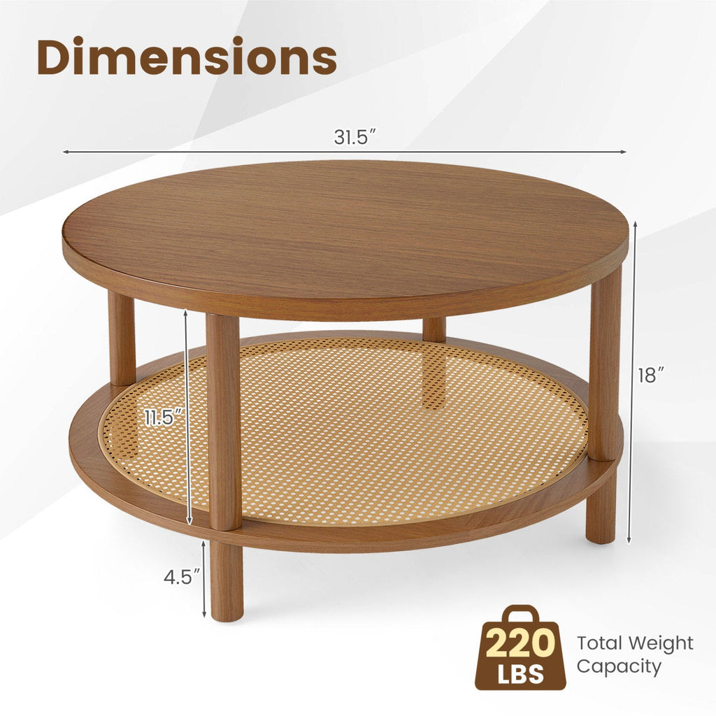 Round Rattan Coffee Table with Storage Shelf