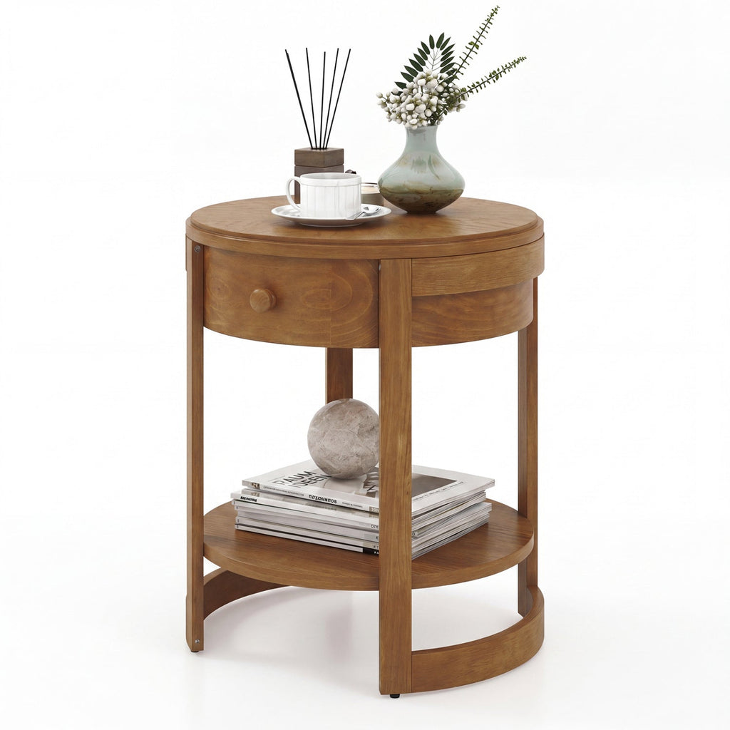 Round End Table Set of 2 with Drawer - Mid Century Modern