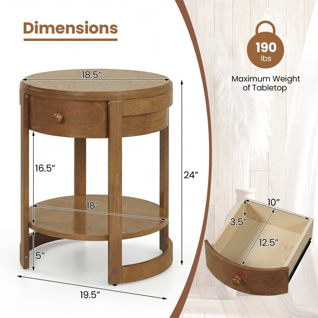 Round End Table Set of 2 with Drawer - Mid Century Modern